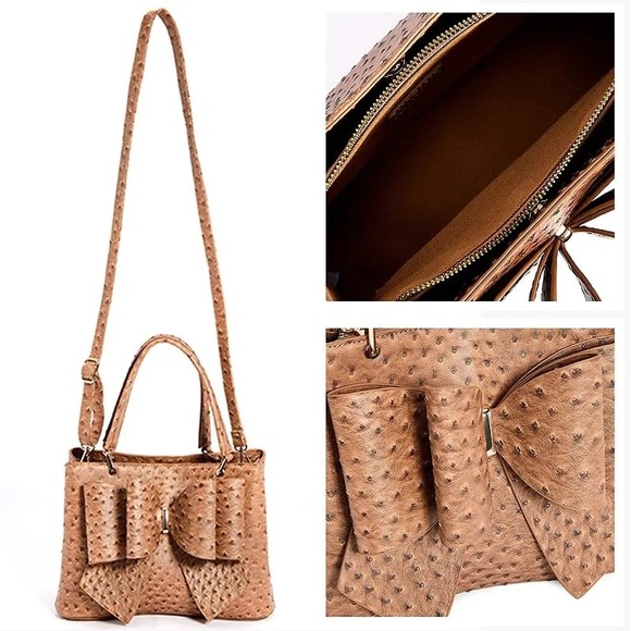 NEW!!! 3D Bow Vegan Leather 3-Way Wear Ostrich Beige Satchel, Crossbody Shoulder - Picture 6 of 13